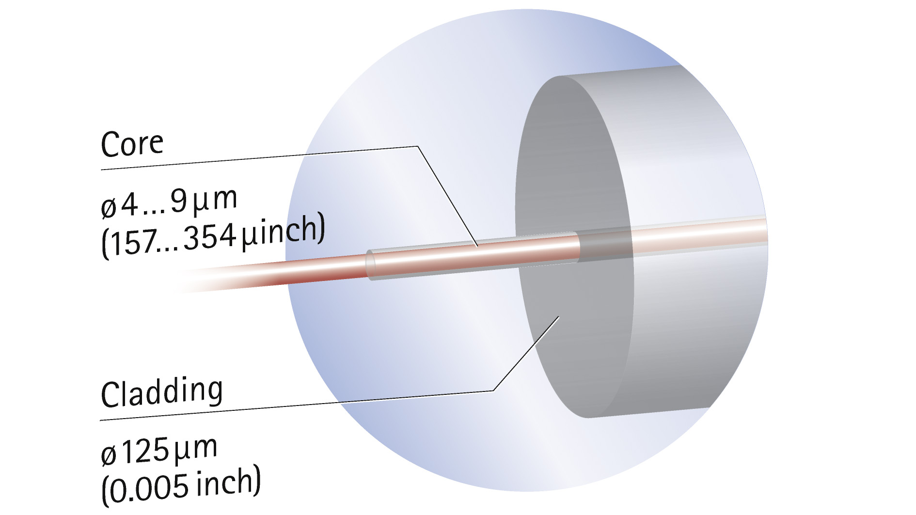 Schematic image: The optical strain gauge consists of a silica core and cladding that channel the light in the fiber and an outer coating (usually plastic) for protection.